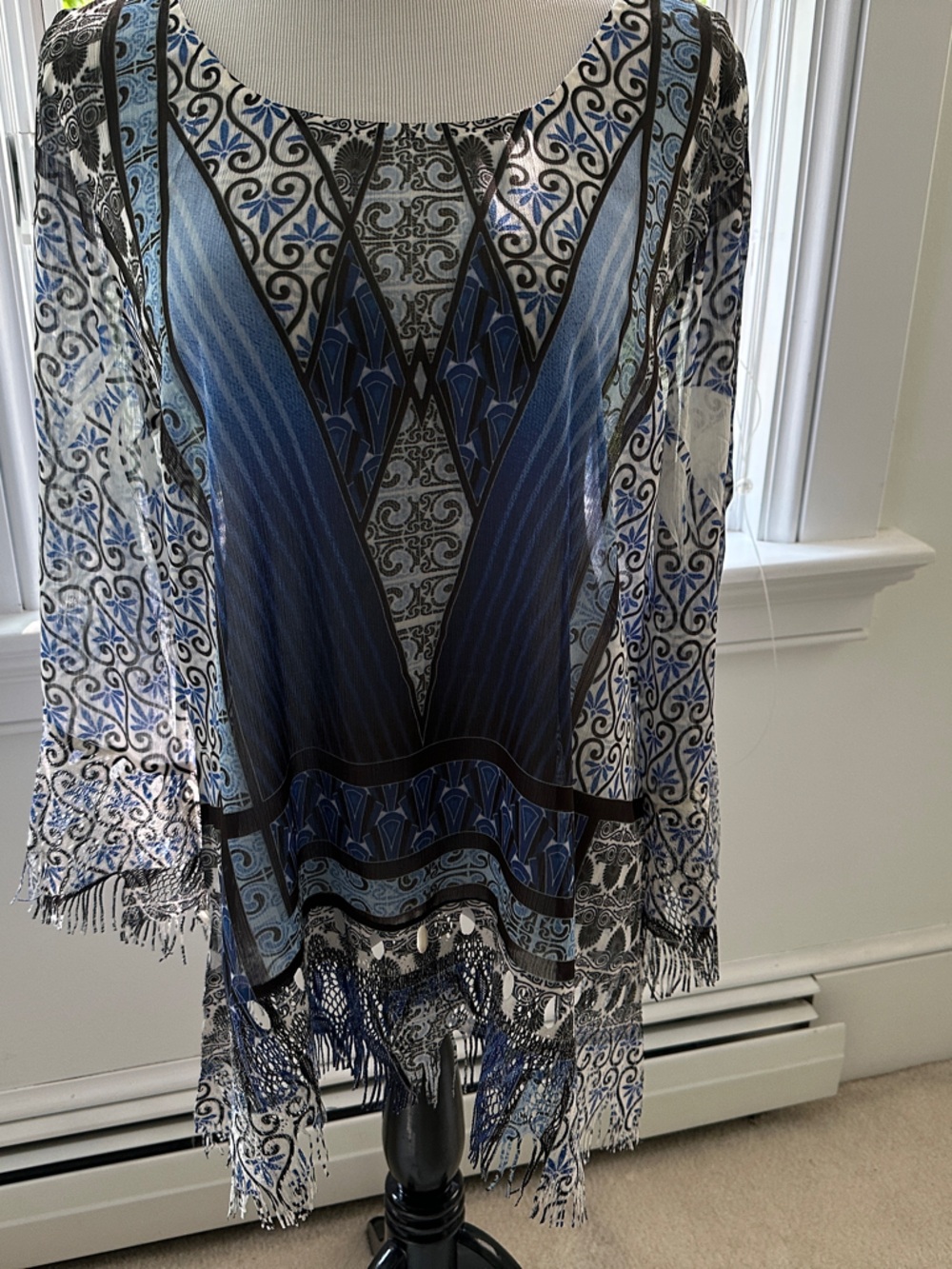 Blue Patterned Long-Sleeve Fringe-Hem Dress Tunic
